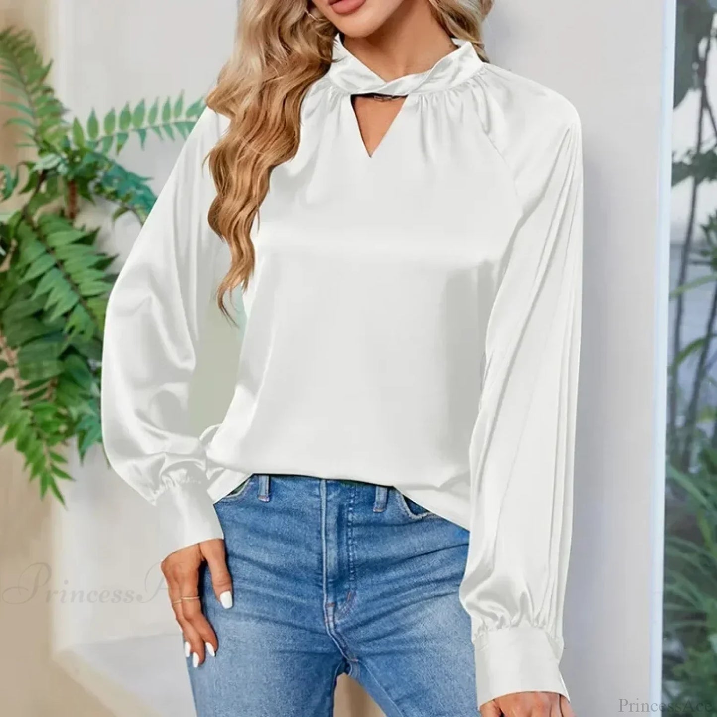 Silk Y2K White V-neck Long Sleeve Blouse