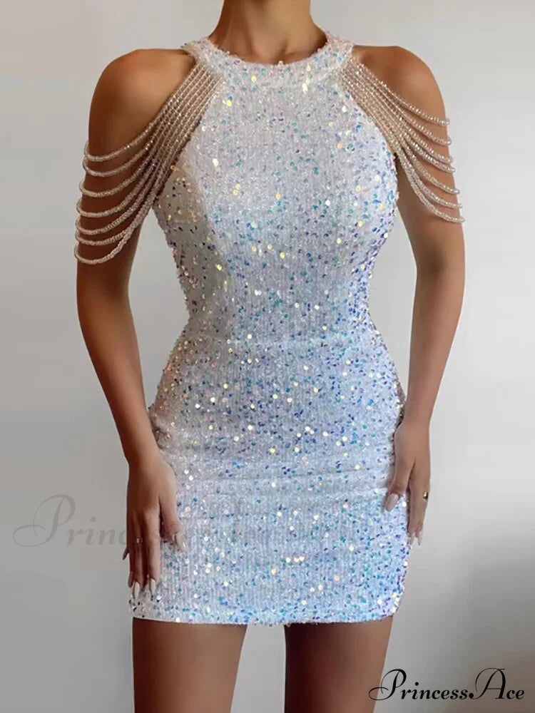 Sleeveless Off Shoulder Skinny High Waist Halter Chain Sequin Dress