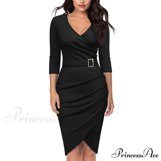Solid Color V Neck 3/4 Sleeve Pencil Dress