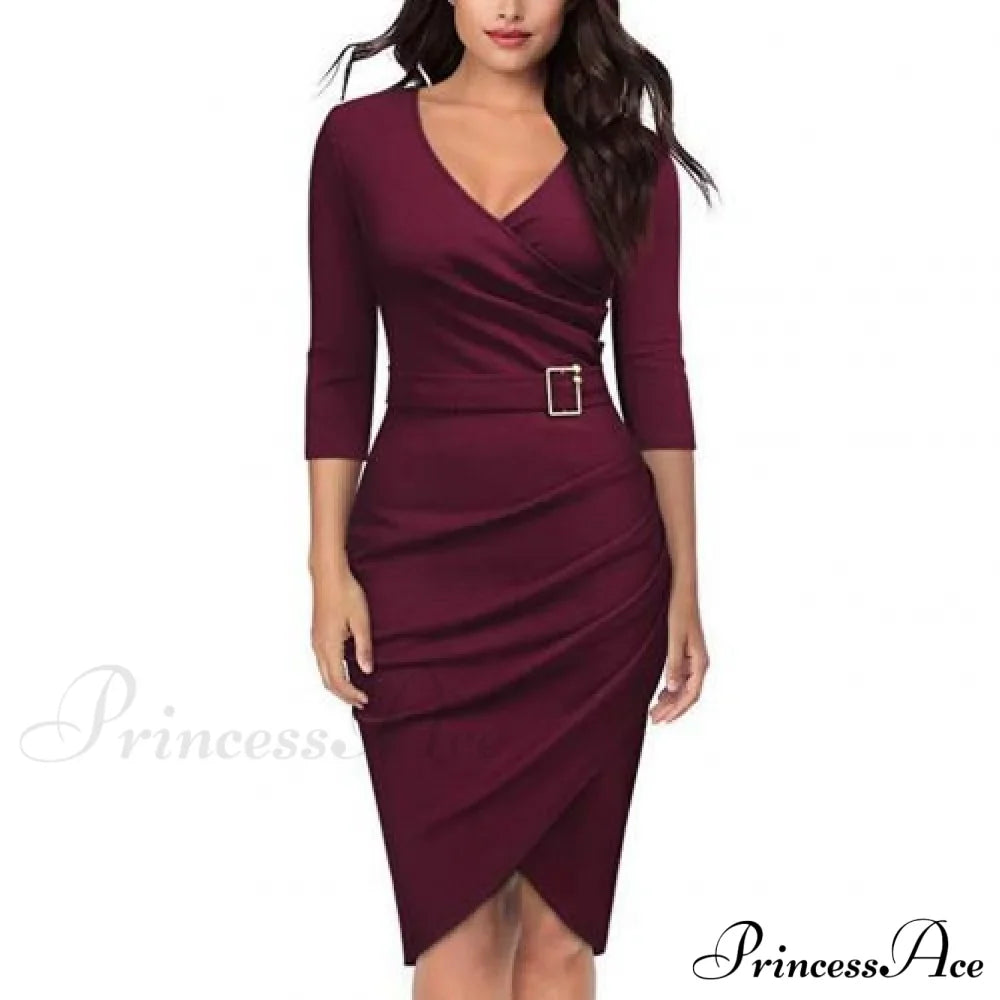 Solid Color V Neck 3/4 Sleeve Pencil Dress