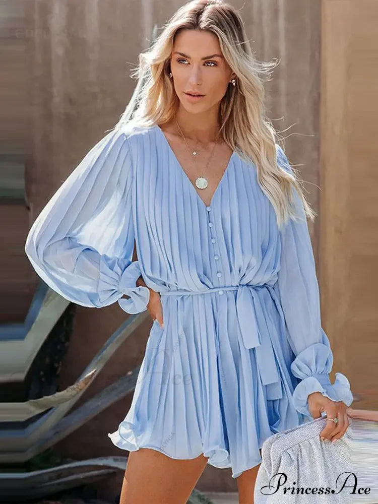 Solid Lace-up V-neck Button Ruffle Sexy Long Sleeves Mini Dress