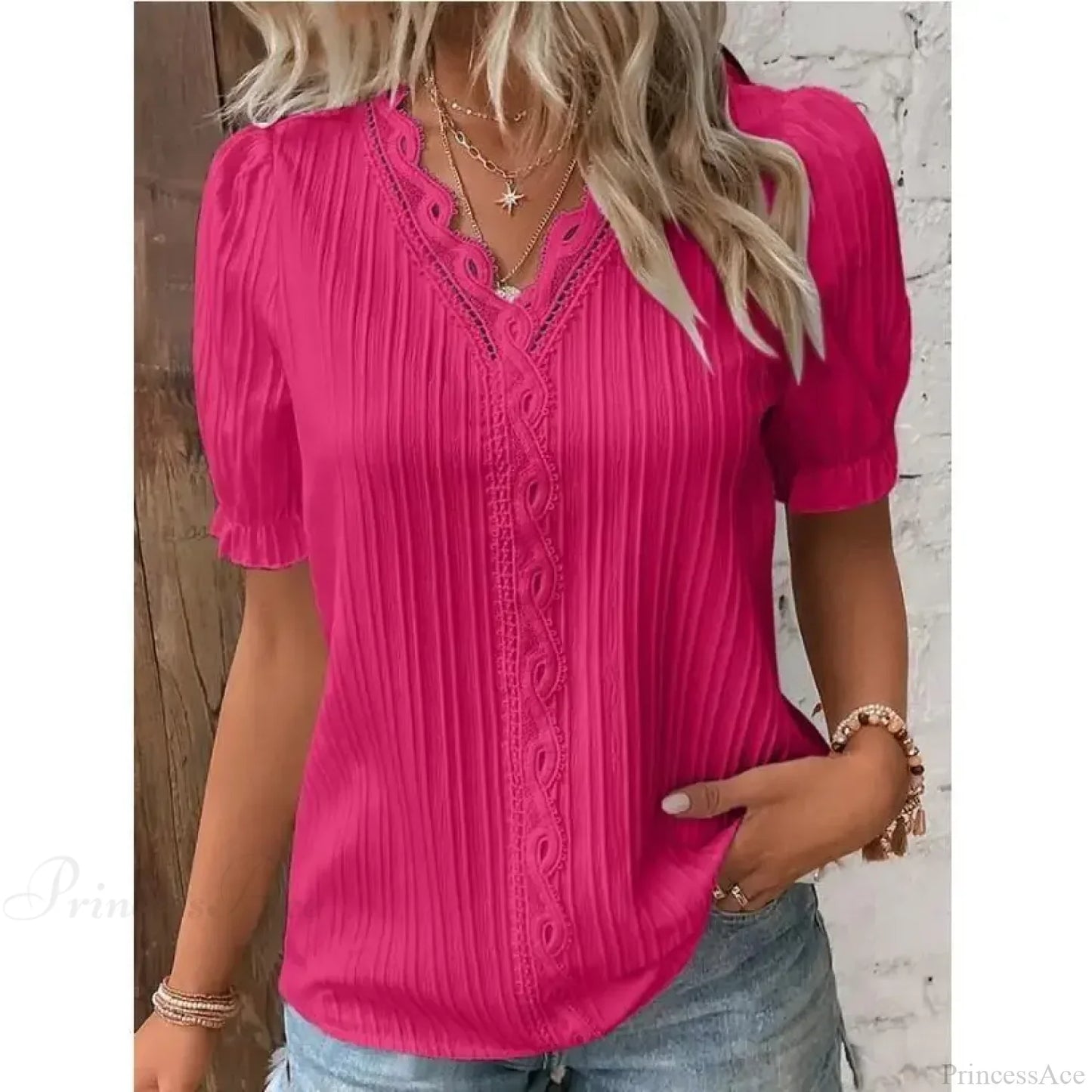 Solid Sexy V-neck Splice Short Sleeve Blouse