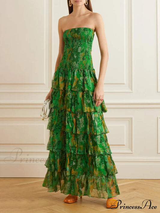 Strapless Layered Bandeau Charming Floral Print Maxi Dress