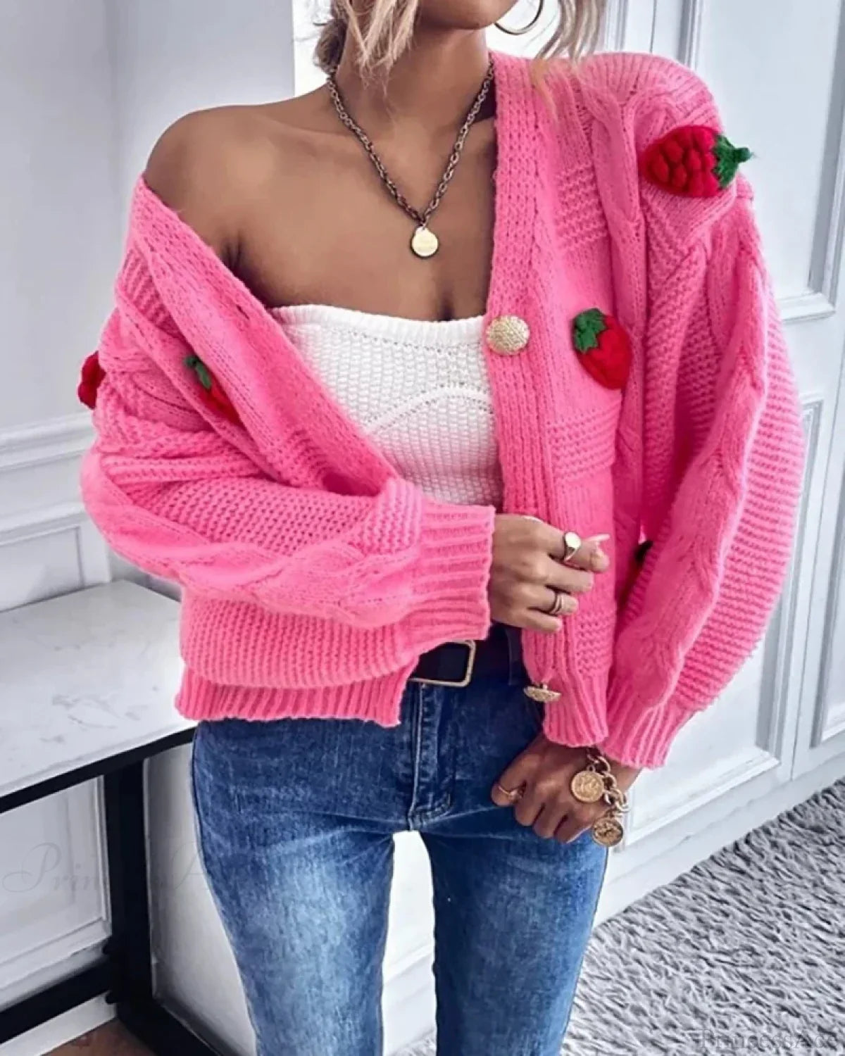 Strawberry Print Loose Fitting Knit Cardigan