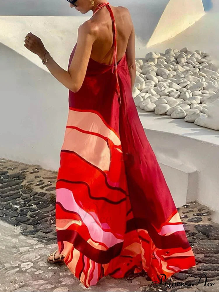Summer Vacation Style Halter Neck Trendy Printed Backless A-Line Maxi Dress