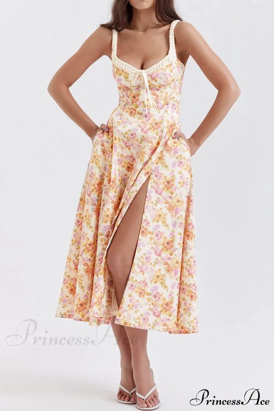 Suspender Patchwork Printed Charming Lace-Up Midi Dress
