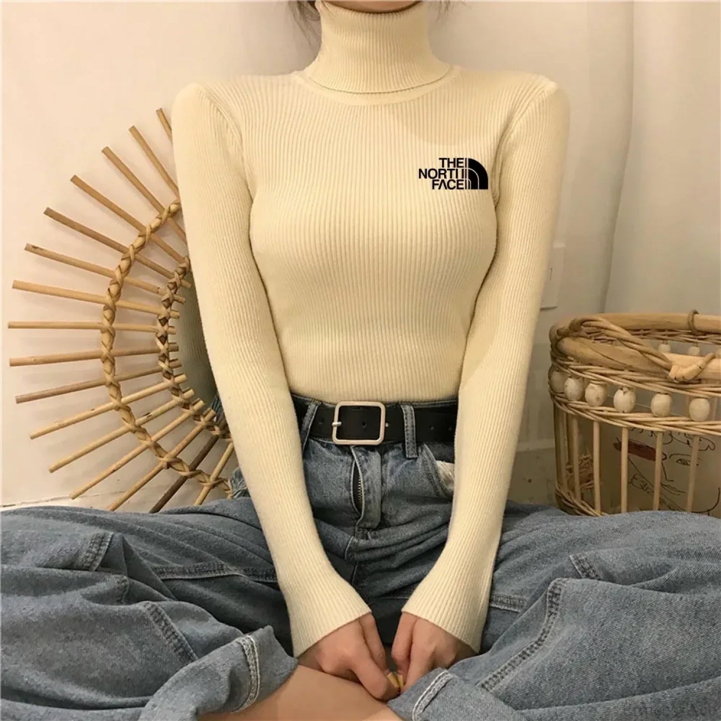 Thick Ribbed Sweater Cotton Turtleneck Knit Pullover Top
