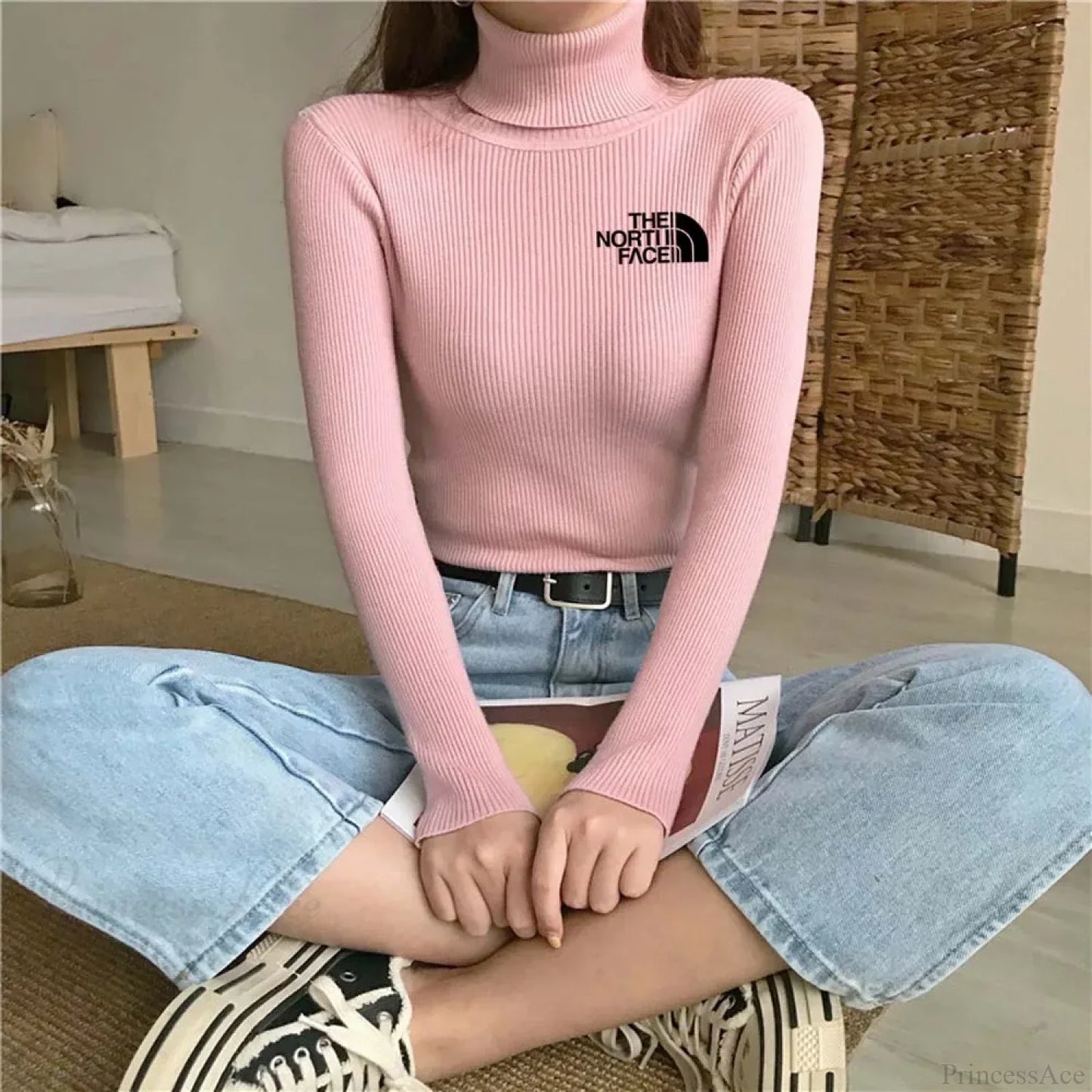 Thick Ribbed Sweater Cotton Turtleneck Knit Pullover Top
