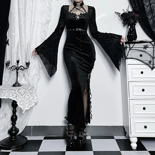 Thin Suede Separated Flared Full-Length Dress