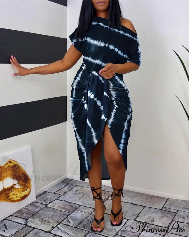 Tie Dye Print Ruched Slit Short Sleeve Casual Dress