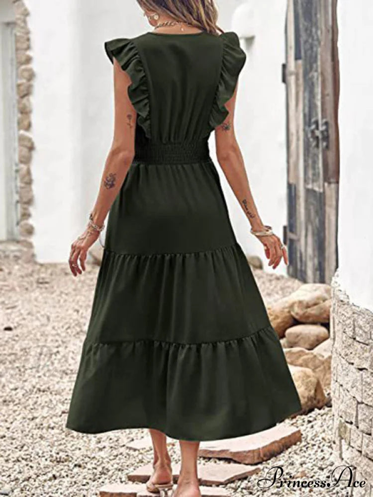 Tiered for Full-Length Flutter Color Chiffon Solid Arm Gown Women