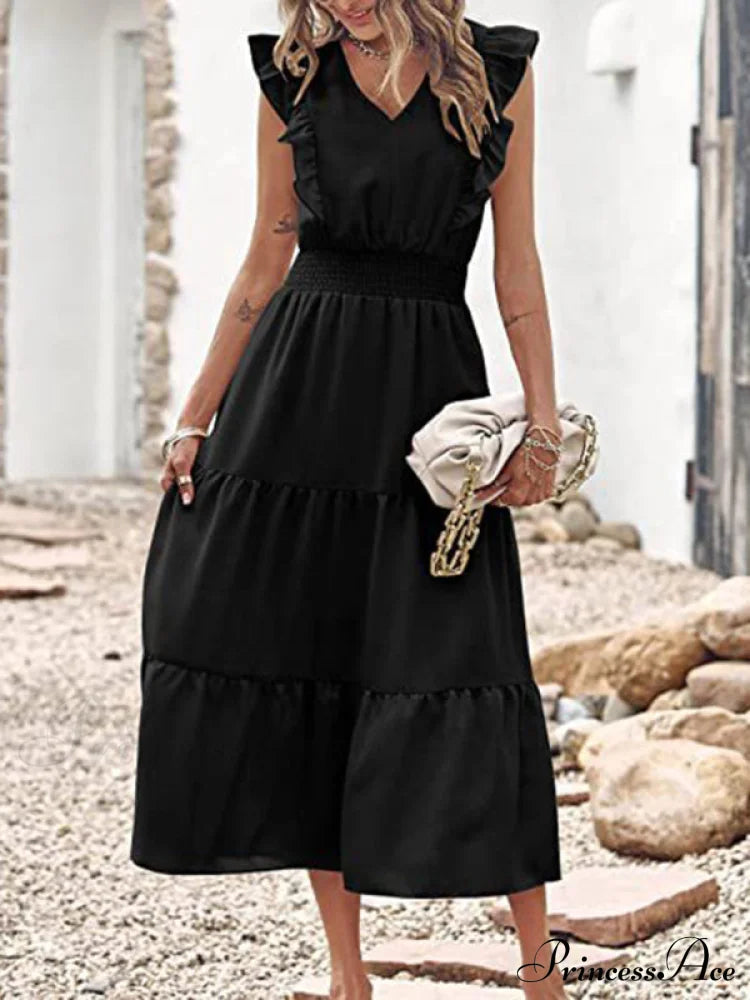 Tiered for Full-Length Flutter Color Chiffon Solid Arm Gown Women