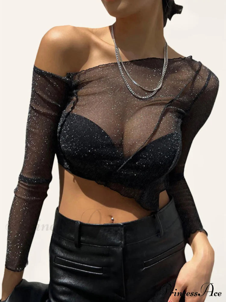 Top Solid Mesh Color for One-shoulder Sexy Crop Sheer Women