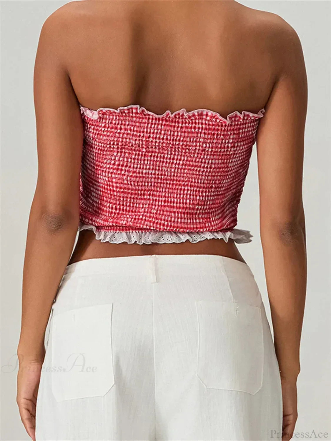 Tube Bow Lace Trim Ruched Plaid Crop Top