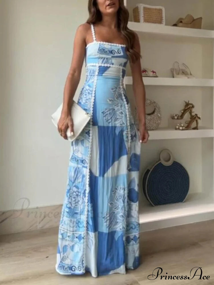 Unique Lace Patchwork Printed Tie Halter Maxi Dresses