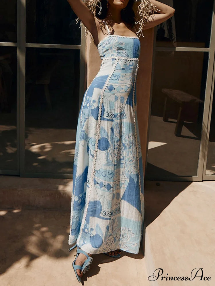 Unique Lace Patchwork Printed Tie Halter Maxi Dresses