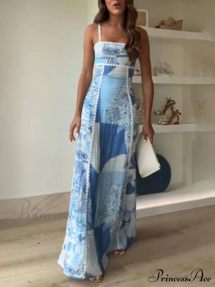 Unique Lace Patchwork Printed Tie Halter Maxi Dresses