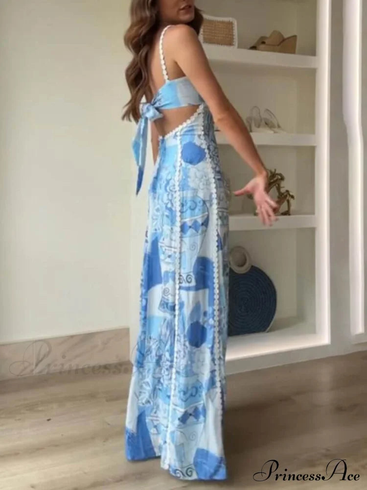 Unique Lace Patchwork Printed Tie Halter Maxi Dresses