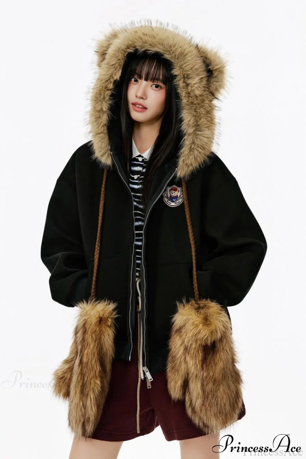 Vintage Bear Ear Fleece Collar Zip Hoodie