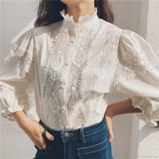 Vintage Floral Embroidery Cotton Linen Lantern Sleeve Boho Blouse