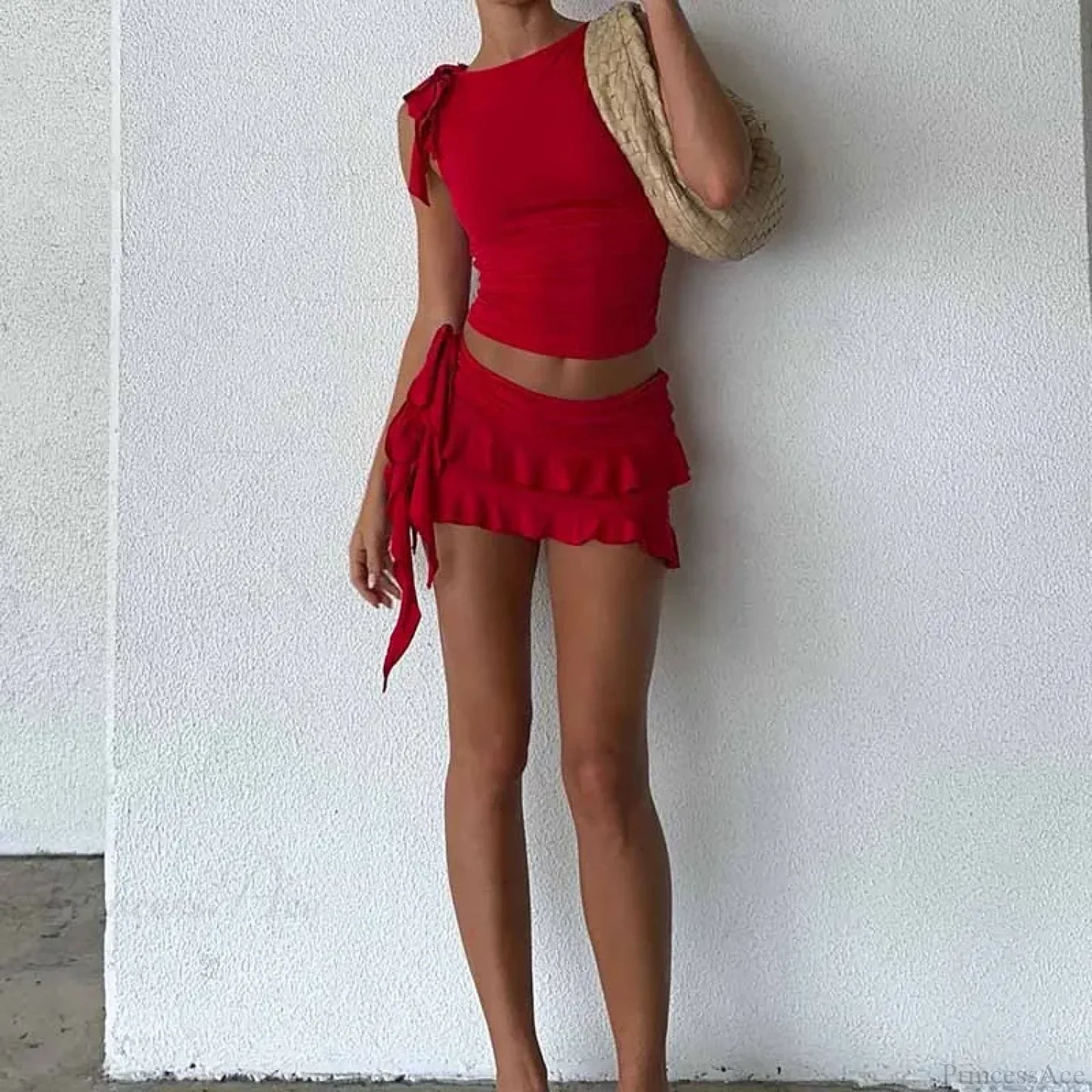 Vintage Lettuce Edge Tie Up Crop Top + Ruched Tiered Ruffles Mini Skirt Coquette 2 Piece Set Women Club Party Streetwear Outfits