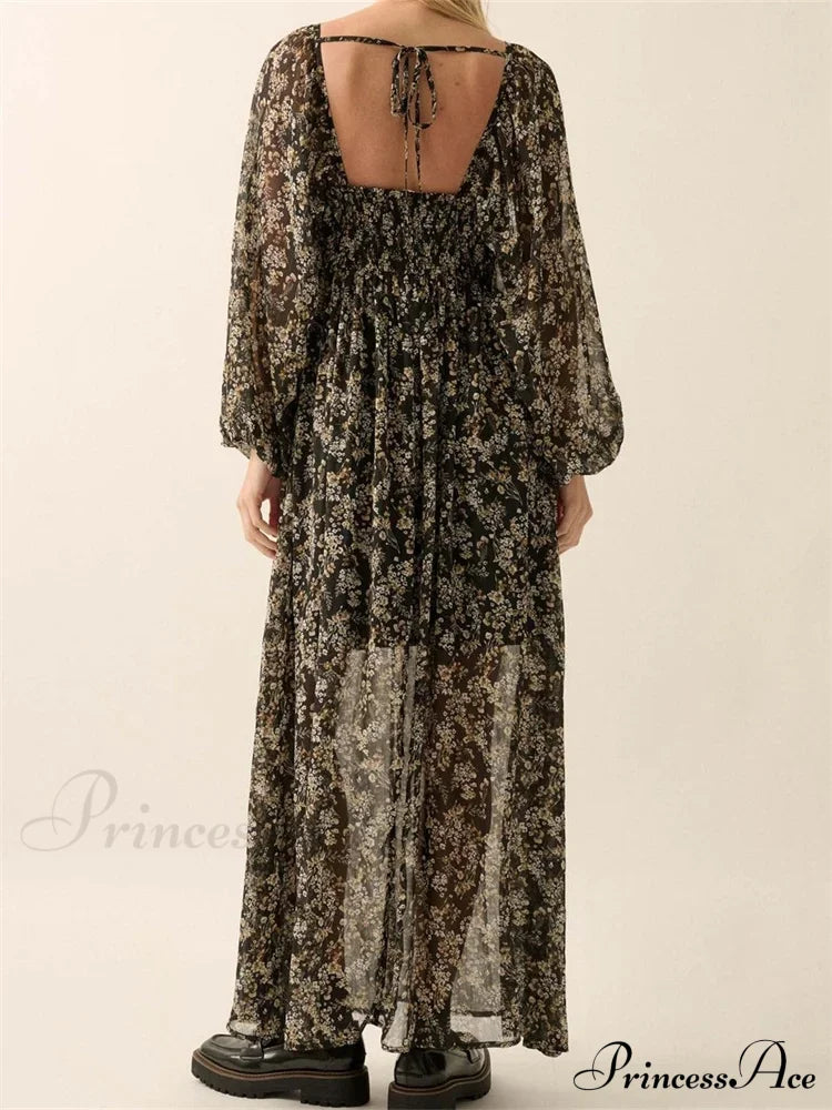 Vintage Women Bohemian Floral Print Summer Sleeve V Neck High Waist Chiffon Flowy Vestidos