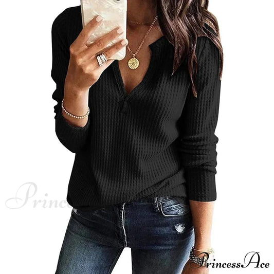 Waffle Neck Tops Knit Henley V for Women