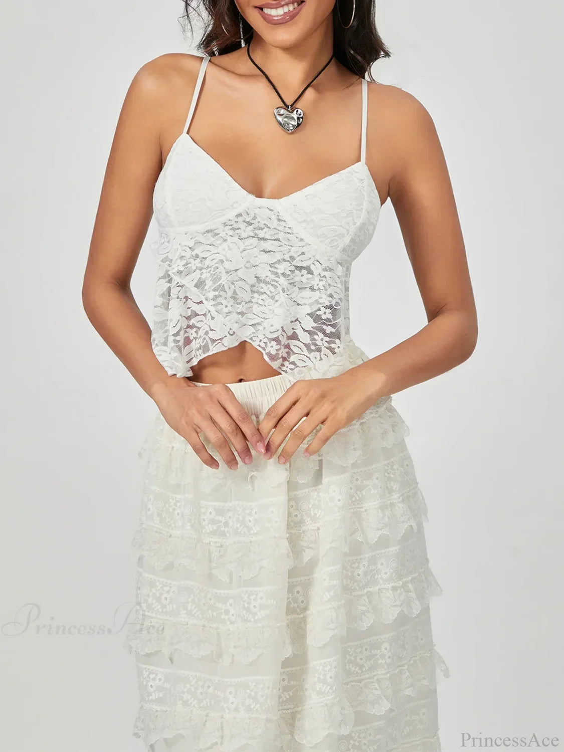 White Lace Spaghetti Strap Wrap Hem Slip Camisole Top