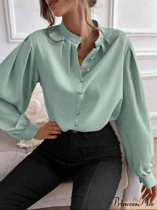 with Blouse Long Front Arm Button Mock Neck