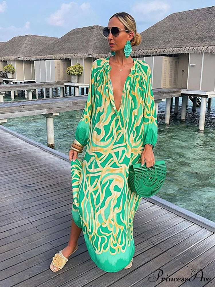 Boho Print Long Sleeve Maxi Dress