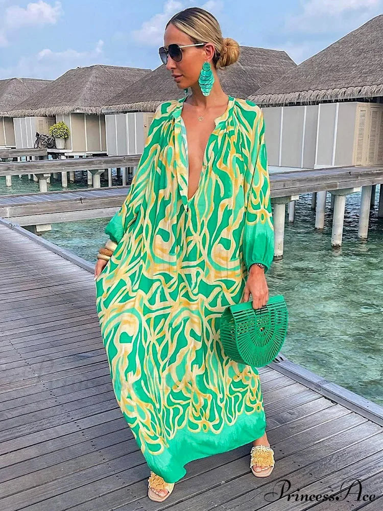 Boho Print Long Sleeve Maxi Dress