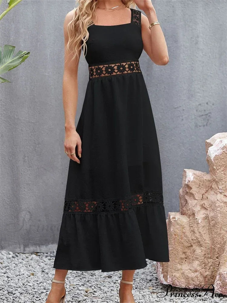 Women Hollow Out Lace Floral Patchwork Square Neck Sleeveless Party Beach Club Summer Streetwear New
