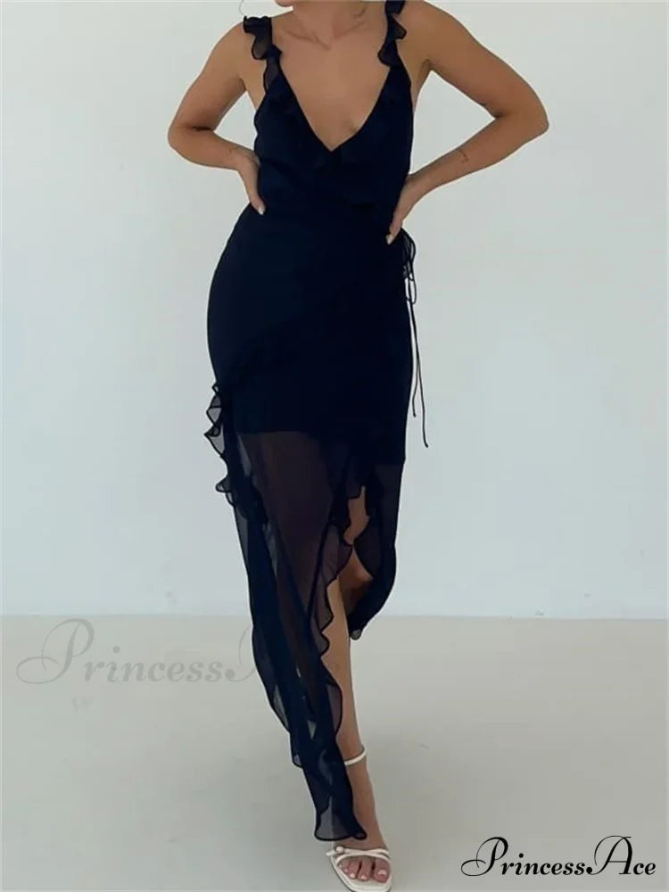 Women Sleeveless Ruffles Solid Color V Neck Casual High Split Party for Cocktail Summer Streetwear
