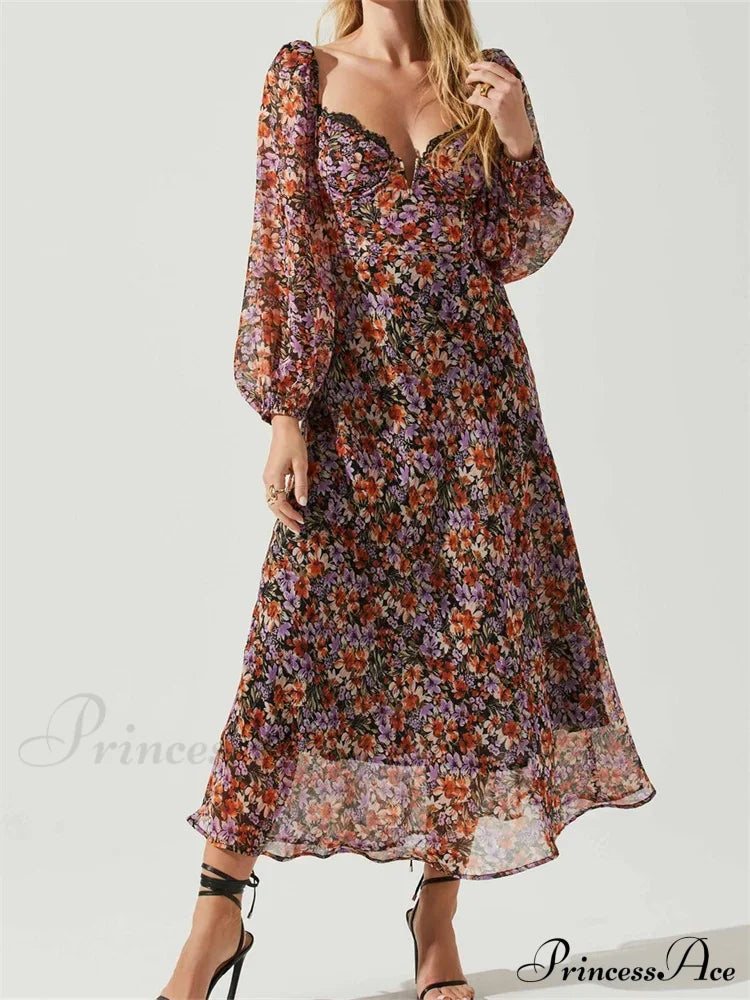 Women Spring Fall Vintage Floral Print V-neck Puff Sleeve Fashion Backless Holiday Vestido
