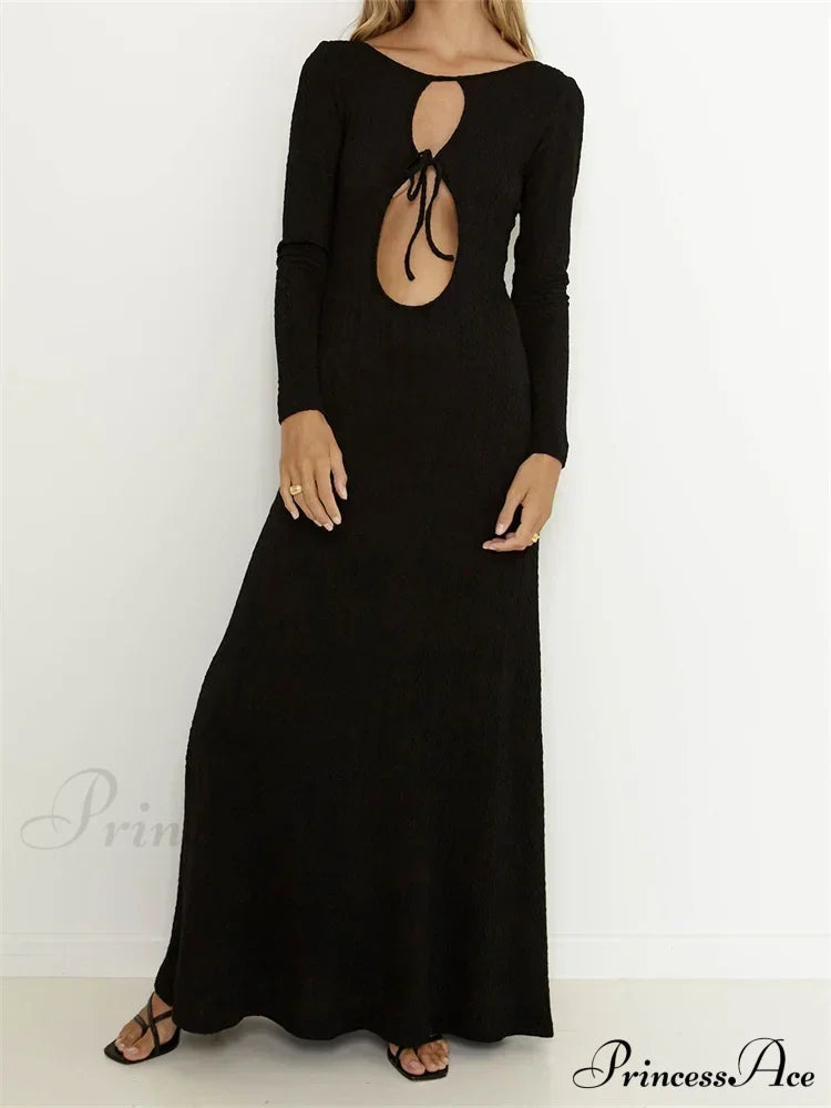 Women Vintage Elegant Sleeve Front Cutout Tie-up Solid Color Solid Color Party Autumn Vestidos