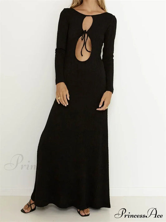 Women Vintage Elegant Sleeve Front Cutout Tie-up Solid Color Solid Color Party Autumn Vestidos