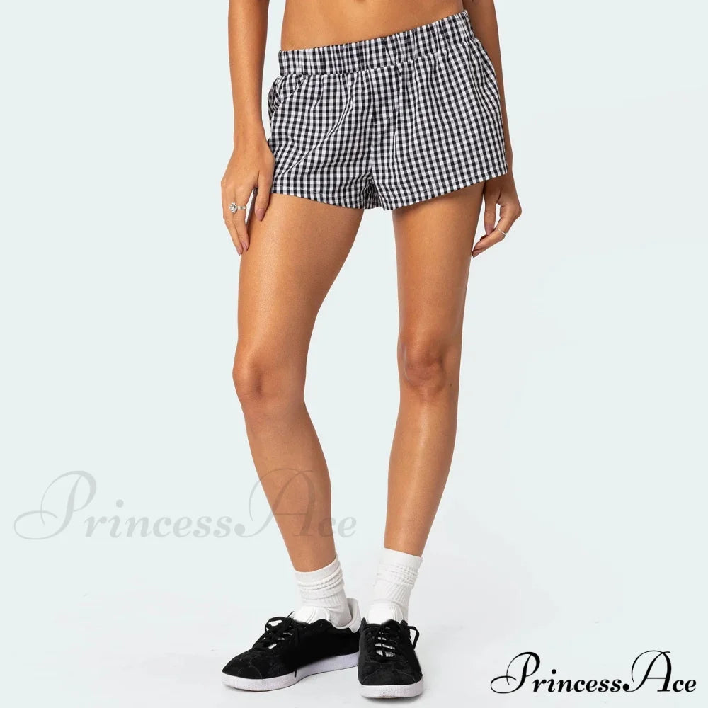 Y2K Lounge Soft Elastic Low Waist Plaid Print Button Front Pajama Bottoms Short