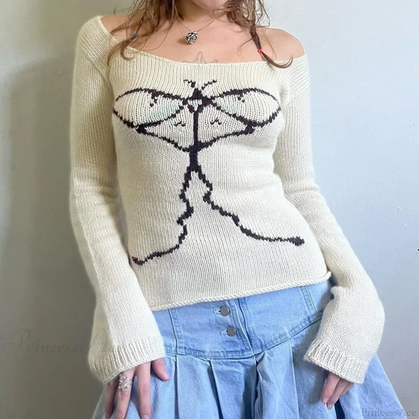 Y2K Off Shoulder Bow Graphic Pullover Knit Top
