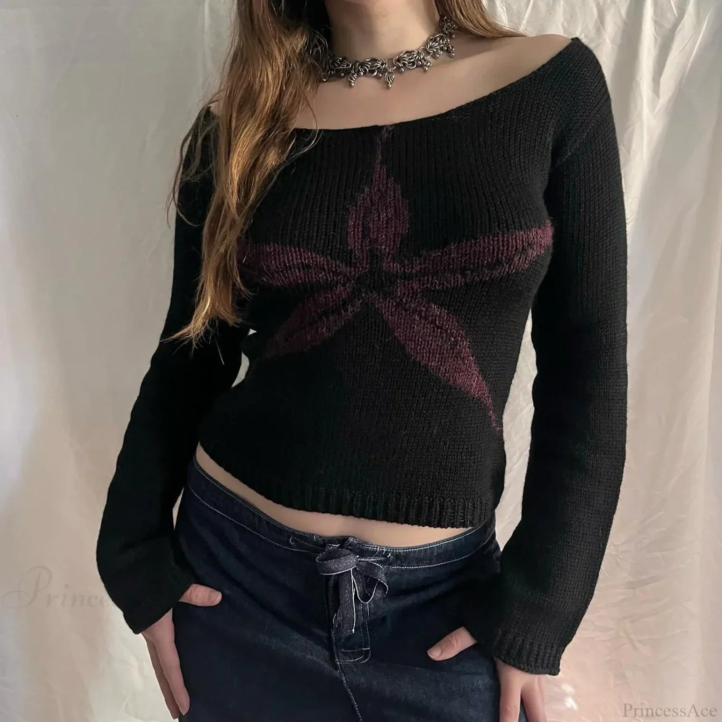 Y2K Vintage Off Shoulder Slim Fit Aesthetic Knit Top